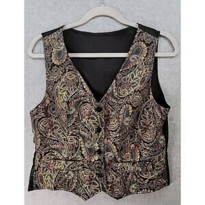 Vintage STAR CITY Women's Sz M Tapestry Paisley Floral Brocade Button Vest Black